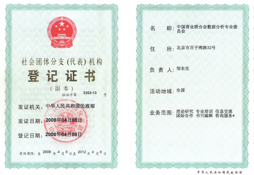 2008 年由中华人民共和国民政部颁发的社会团体分支(代表)机构登记证书